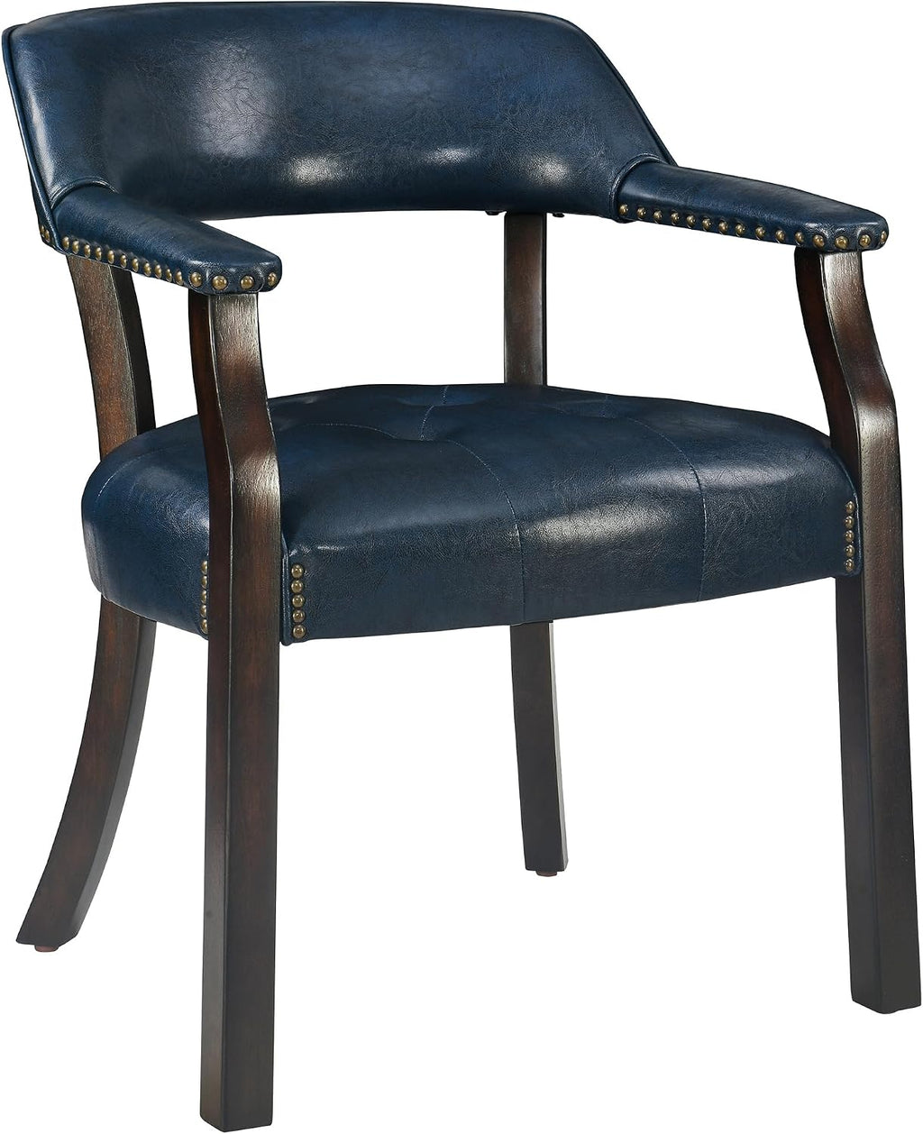 Dining Chairs with Upholstered and Arms,Office Desk Chair with Metal Rivets. PU Boss Captain's Chairs,Classic Accent Stools for Dining Room, Bedroom Brown Legs & Dark Blue NX173-318LB