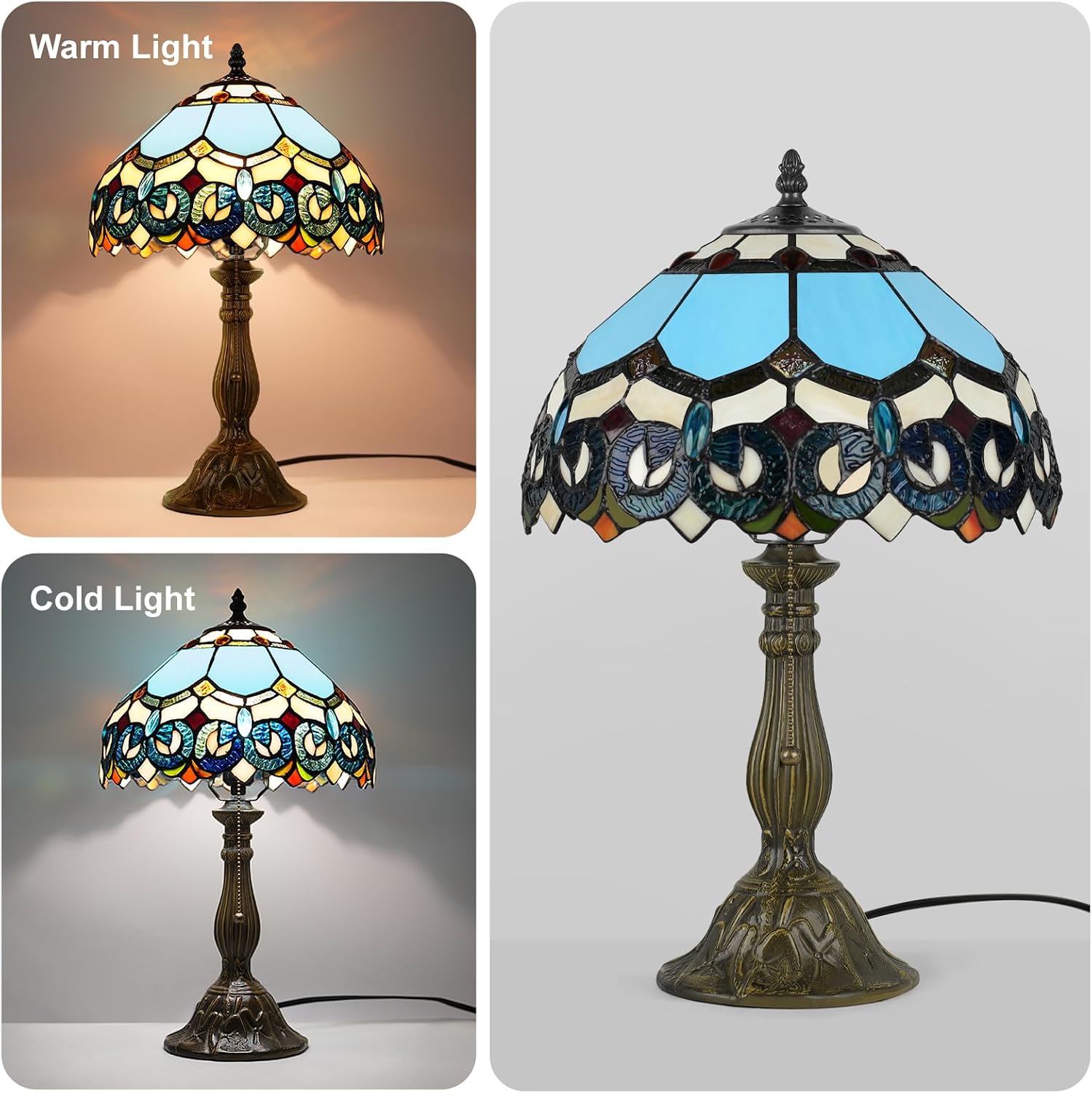MOAN Lamp Stained Glass Table Lamp 12X12X19 Inch Bedside Reading Light Antique Bronze Base(Sapphire Style)