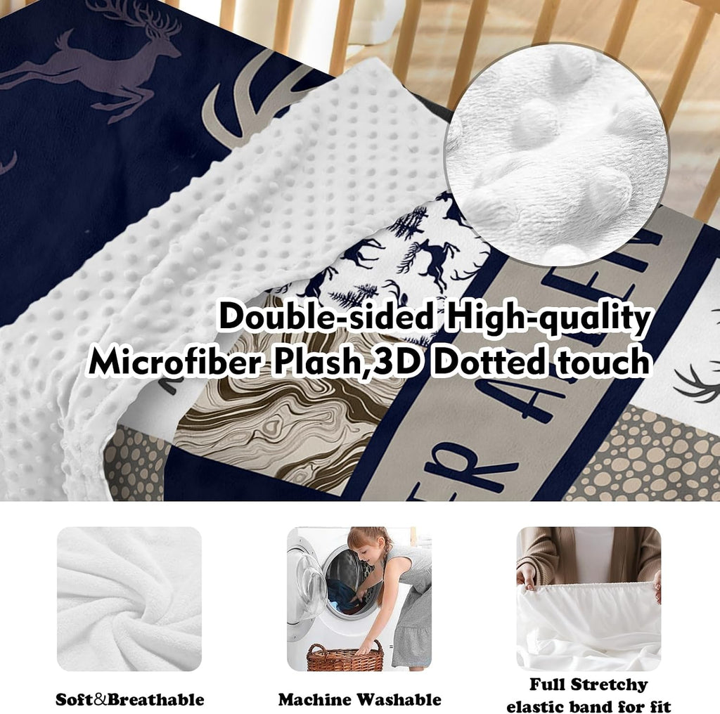 Personalized Baby Crib Bedding Set, 5-Piece Navy Deer Design Baby Crib Sets with Custom Name, Toddler Double Layer Blanket Fitted Sheets Changing Pad Cover Rug Wall Art Set, Charming Nursery Decor