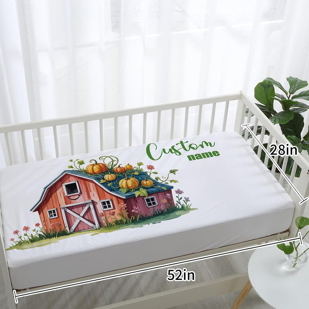 Personalized Crib Bedding Set for Baby Boys, Farm Truck Pattern Custom Name Baby Crib Sets 5-Pcs, Double Layer Baby Blanket Fitted Sheet Changing Pad Cover Rug Wall Art Set