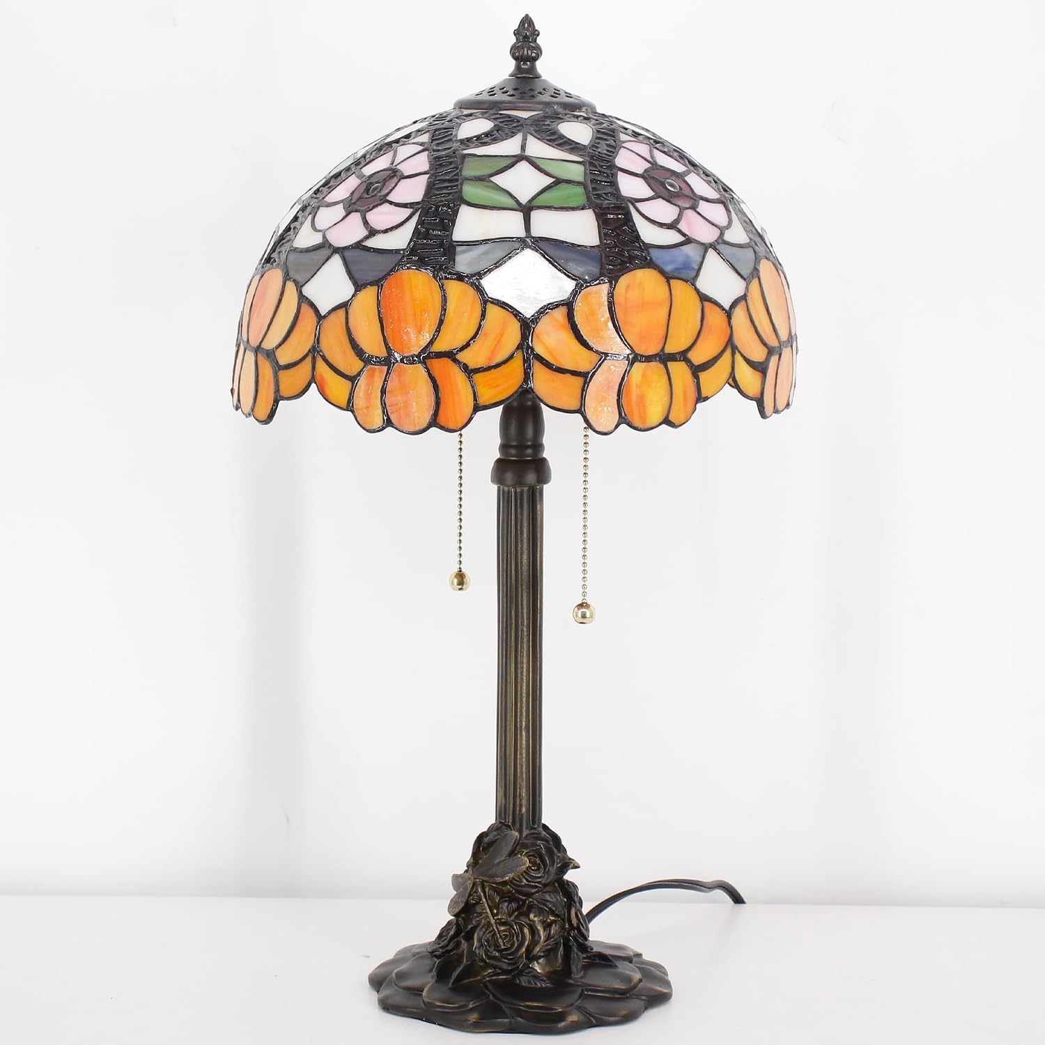 Tiffany Table Lamp Stained Glass Desk Lamp 12X12X21Inch Resin Base for Bedroom Living Room Reading Light (Orange Flower)
