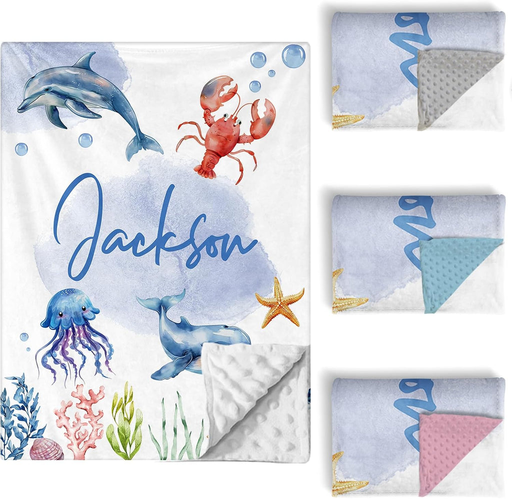 Personalized Baby Crib Bedding Set, 5 Pcs Custom Name Nursery Bedding Set for Girls Boys, Ocean Animals Baby Crib Set for Toddlers Infants, Double Layer Bedding Crib Sets Customized Gifts