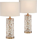 360 Lighting Margaret Modern Coastal Accent Table Lamps 23' High Set of 2 Mother of Pearl Tiles Cylinder Cream Linen Drum Shade for Living Room Bedroom House Bedside Nightstand Home Office