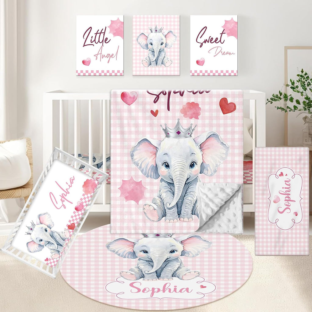 KAINSY Personalized Baby Crib Set, 5 Pcs Custom with Name, Soft Elephant Crib Bedding, Double Layer Toddler Infant Bedding, New Parents Gifts