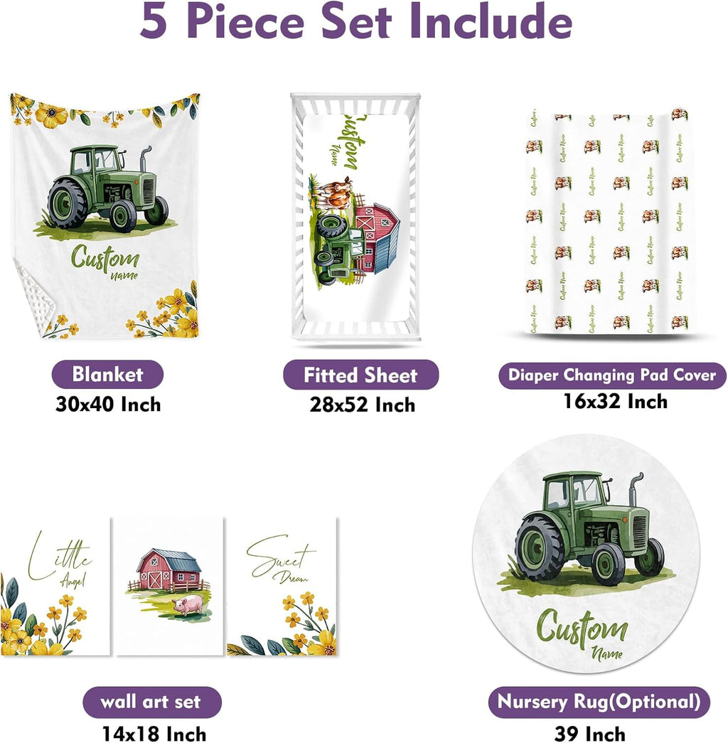 Personalized Crib Bedding Set for Baby Boys, Custom Name Baby Crib Sets 5-Pcs - Toddler Double Layer Blanket Fitted Sheet Changing Pad Cover Rug Wall Art Set, Green Tractor Theme Nursery Décor