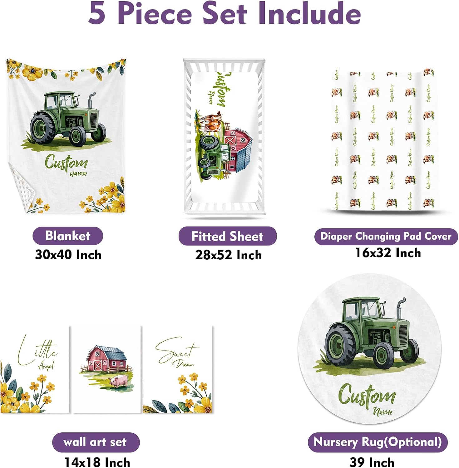 Personalized Crib Bedding Set for Baby Boys, Custom Name Baby Crib Sets 5-Pcs - Toddler Double Layer Blanket Fitted Sheet Changing Pad Cover Rug Wall Art Set, Green Tractor Theme Nursery Décor