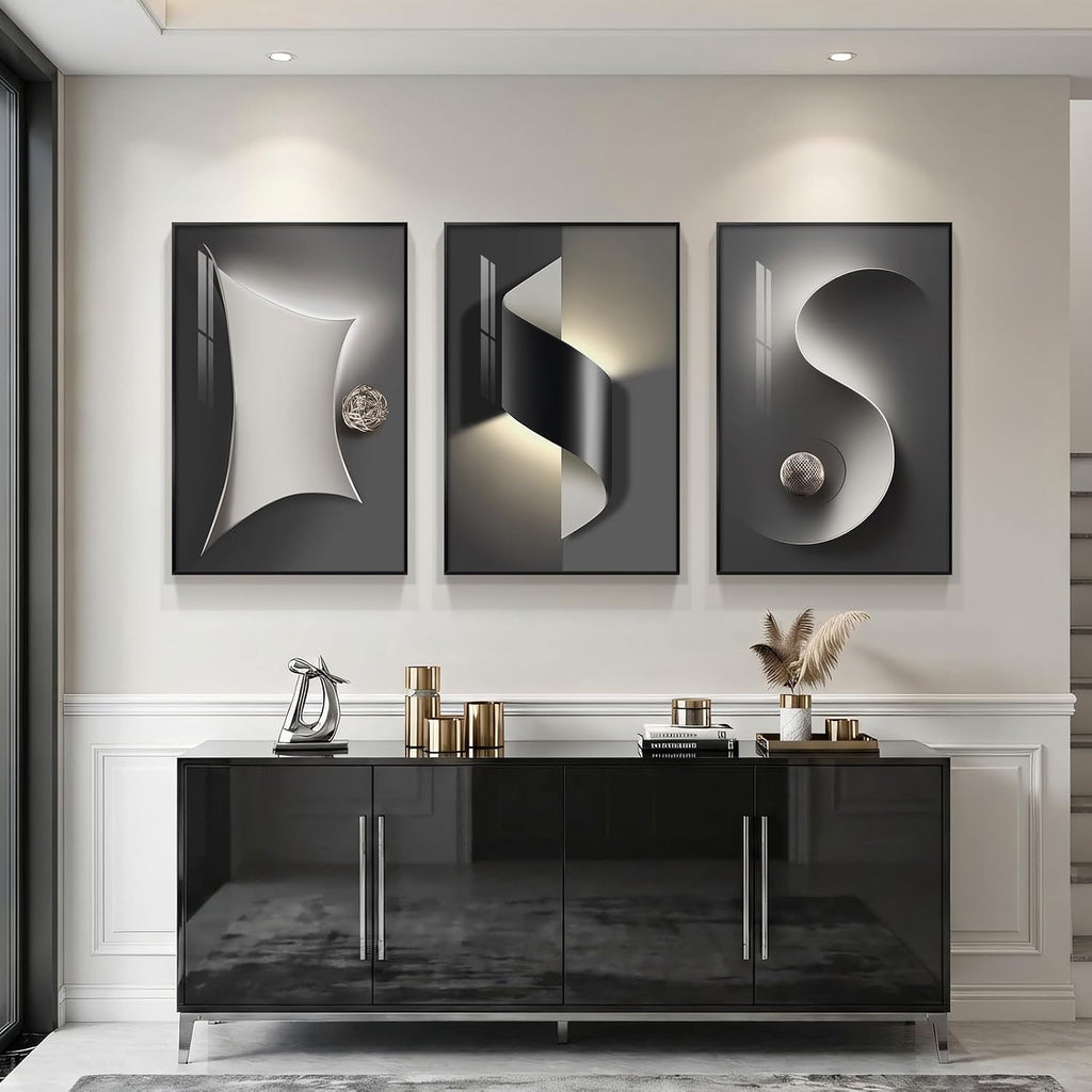 3 Piece Framed Black and White Abstract Wall Art for Living Room, Large Modern Minimalist Geometric Picture Prints Paintings, Bright Style Luxury Artwork for Bedroom Dining Room Wall Decor 20x30 Inch