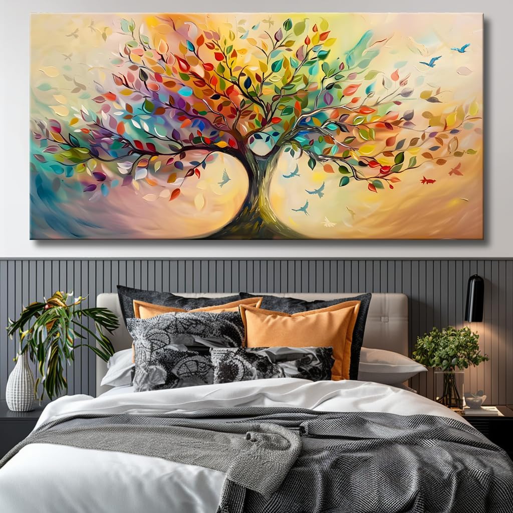 Vibrant Tree of Life Wall Art Colorful Framed Canvas Print for Living Room, Bedroom, Dining Room, or Home Office Modern Ready to Hang Decor,Nature Inspired Home Decoration - 79'x40'
