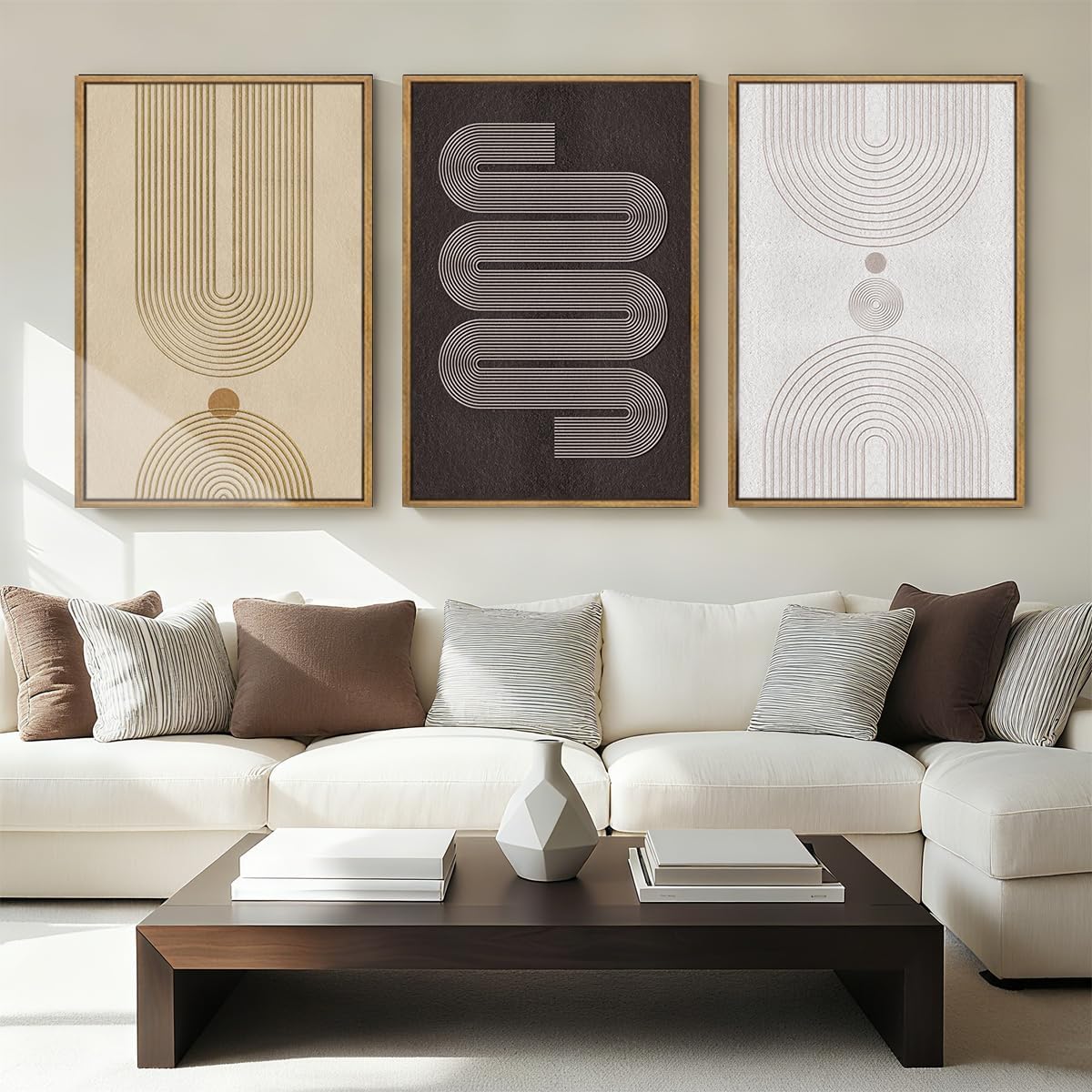 Anyzal Extra Large Modern Neutral Framed Wall Art 24x36 Inch Black Abstract Canvas Wall Decor Beige Boho Geometric Artwork for Living Room Bedroom Dining Room Set of 3