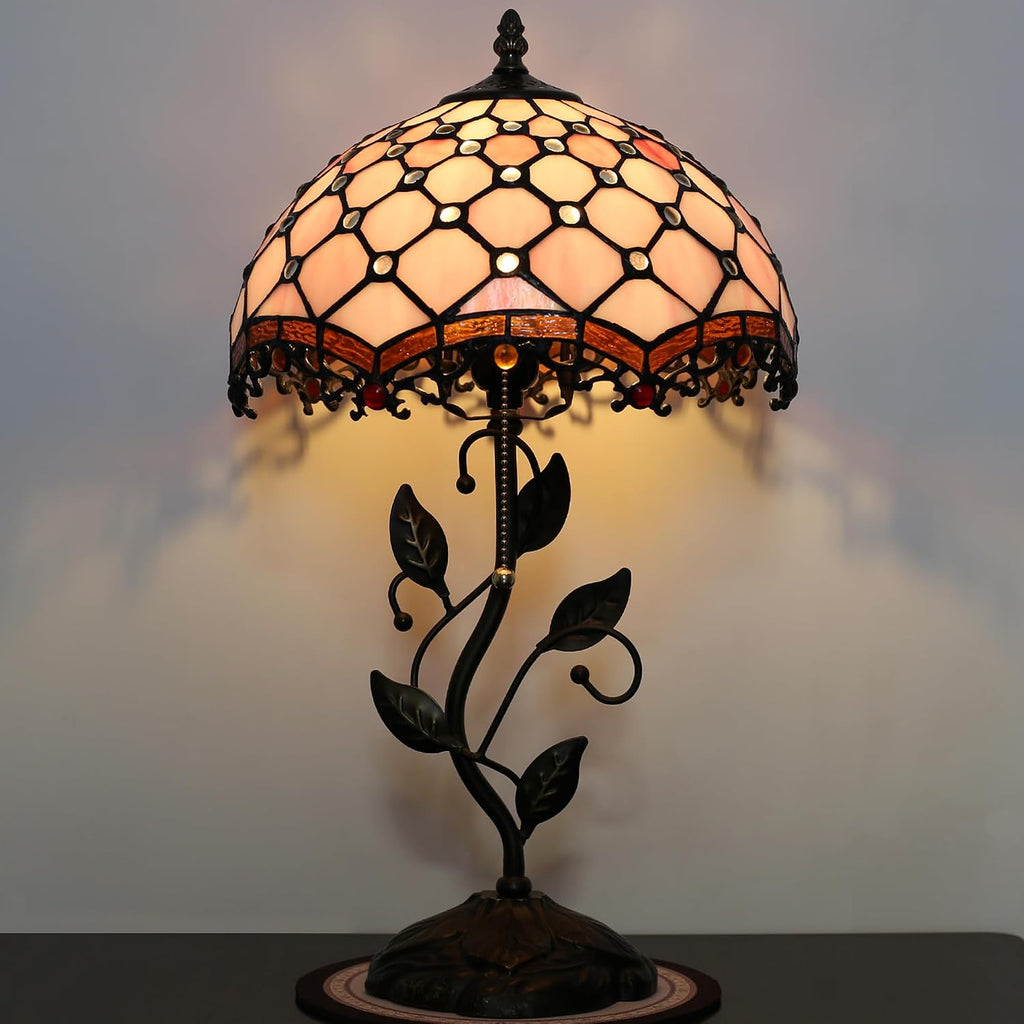 Tiffany Lamp Stained Glass Style Table Lamp Pink Beads Style Bedside Desk Reading Light W12H19 Inch Metal Leaf Base with Metal Leaf Base