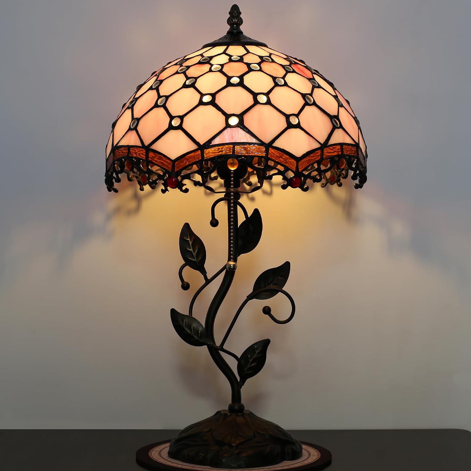 Tiffany Lamp Stained Glass Style Table Lamp Pink Beads Style Bedside Desk Reading Light W12H19 Inch Metal Leaf Base with Metal Leaf Base