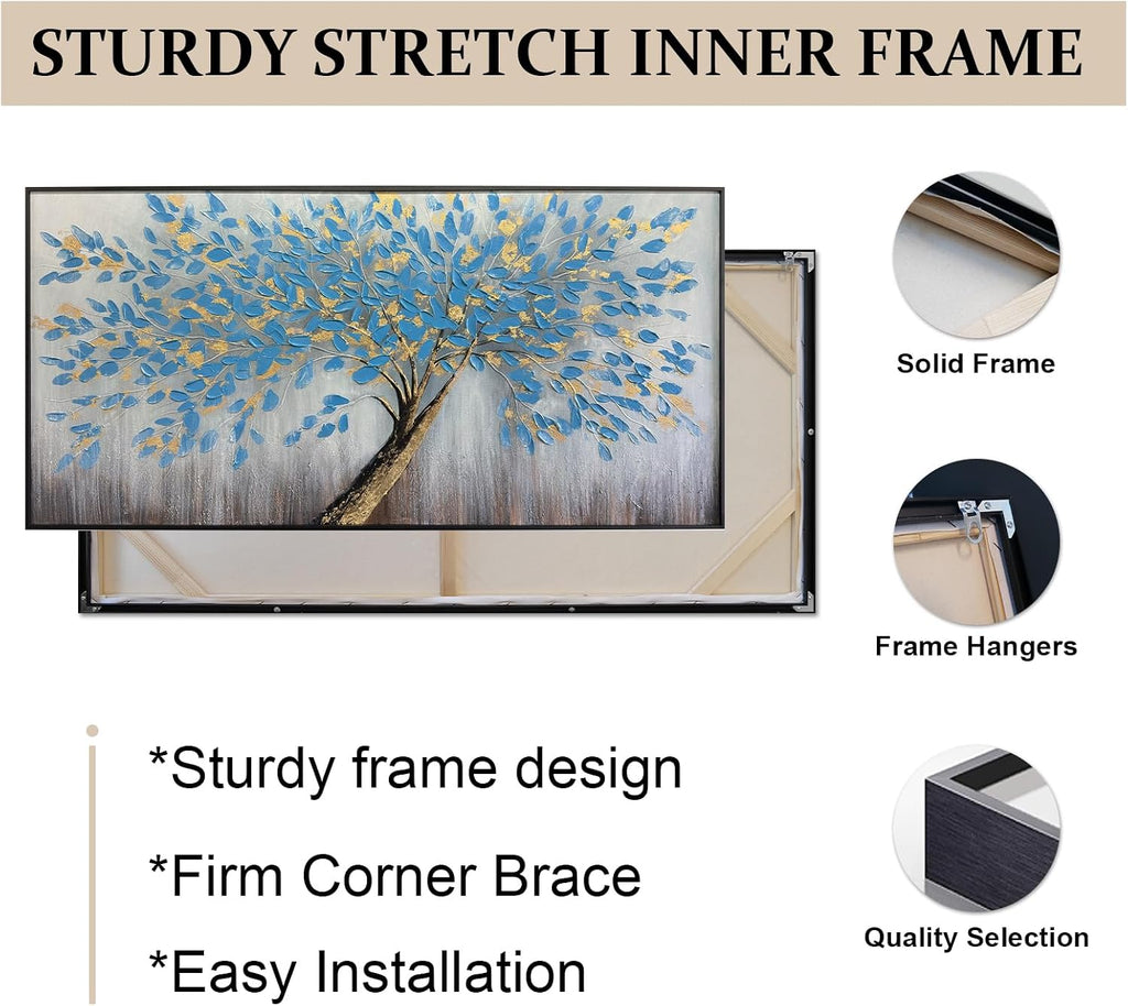 Blue Tree of Life Canvas Wall Art, Modern Abstract Textured Painting, Large Wall Art Framed Panoramic Landscape Artwork for Living Room, Bedroom, Office, Home Decor 48'x24'
