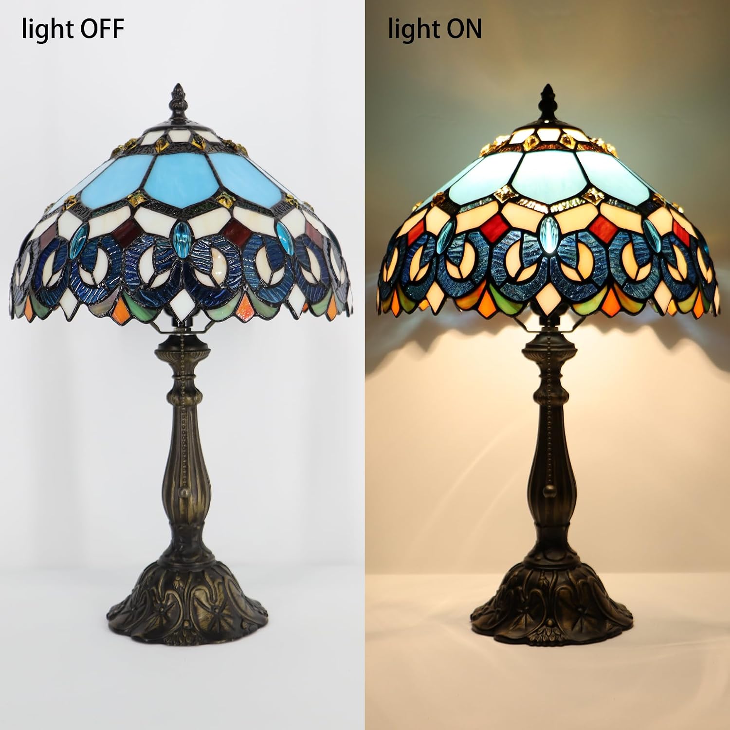 Tiffany Lamp Stained Glass Table Lamp Bedside Reading Light W12H19 Inches (Sapphire Style)