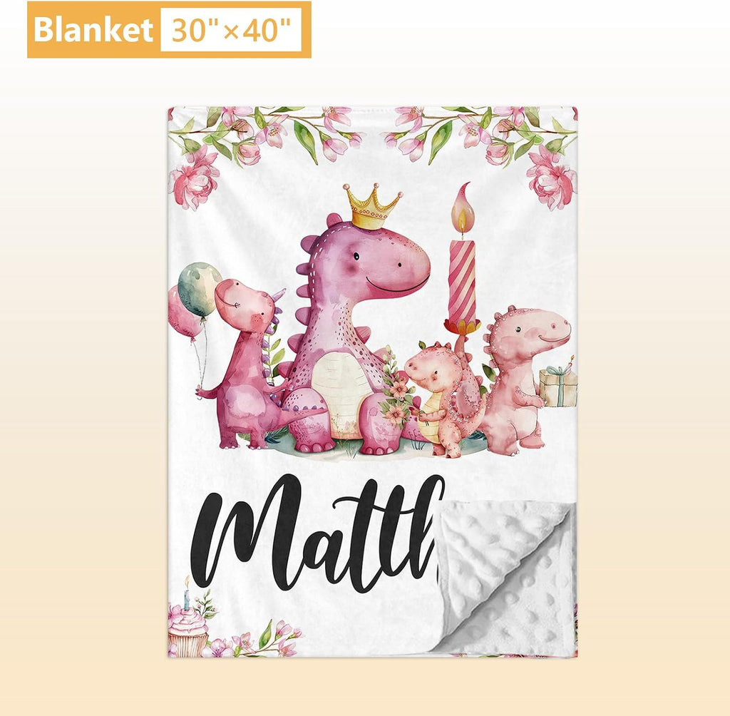 Terwex Custom Baby Crib Bedding Set - 5 Pcs Personalized Name Pink Dinosaurs Crib Set for Infants Toddlers Girls - Soft Double Layer Nursery Bedding Set - Customized Present for Birthday Baby Shower