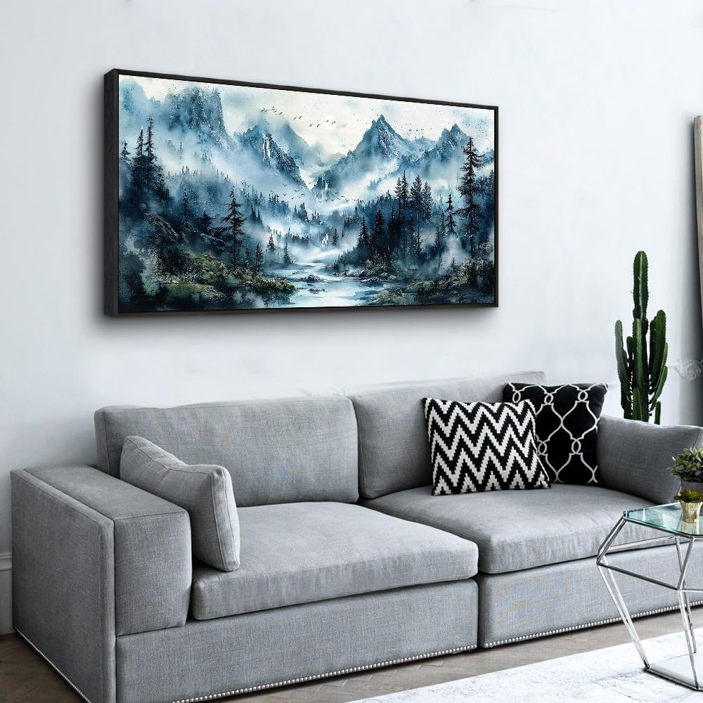 ZUITINGHUA Large Black Framed Canvas Wall Art For Living Room Wall Decor For Office Mountain Wall Painting Fog Forest Landscape Picture Ready To Hang Bedroom Home Mural Prints Posters 30x60 In