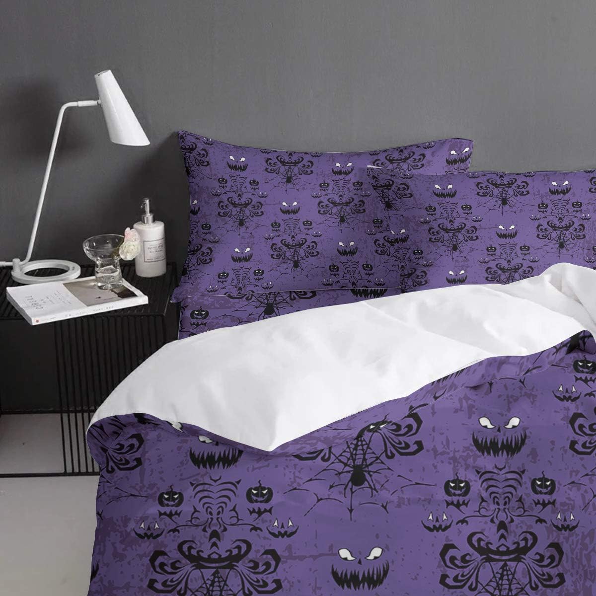 Prime Leader California King 4 PCS Bedding Duvet Cover Set Halloween Haunted Ghost House Mansion Spider Soft Cozy All Season Bed Sheet Set, 1 Duvet Cover 1 Sheet and 2 Pillowcases (No Comforter)