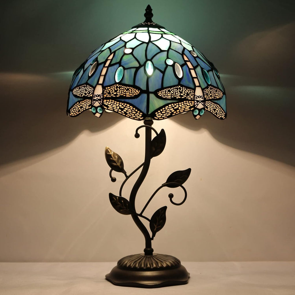 Tiffany Lamp Blue Dragonfly Style Stained Glass Table Lamp Desk Bedside Reading Light 12X12X19 Inches with Metal Leaf Base Decor Bedroom Living Room