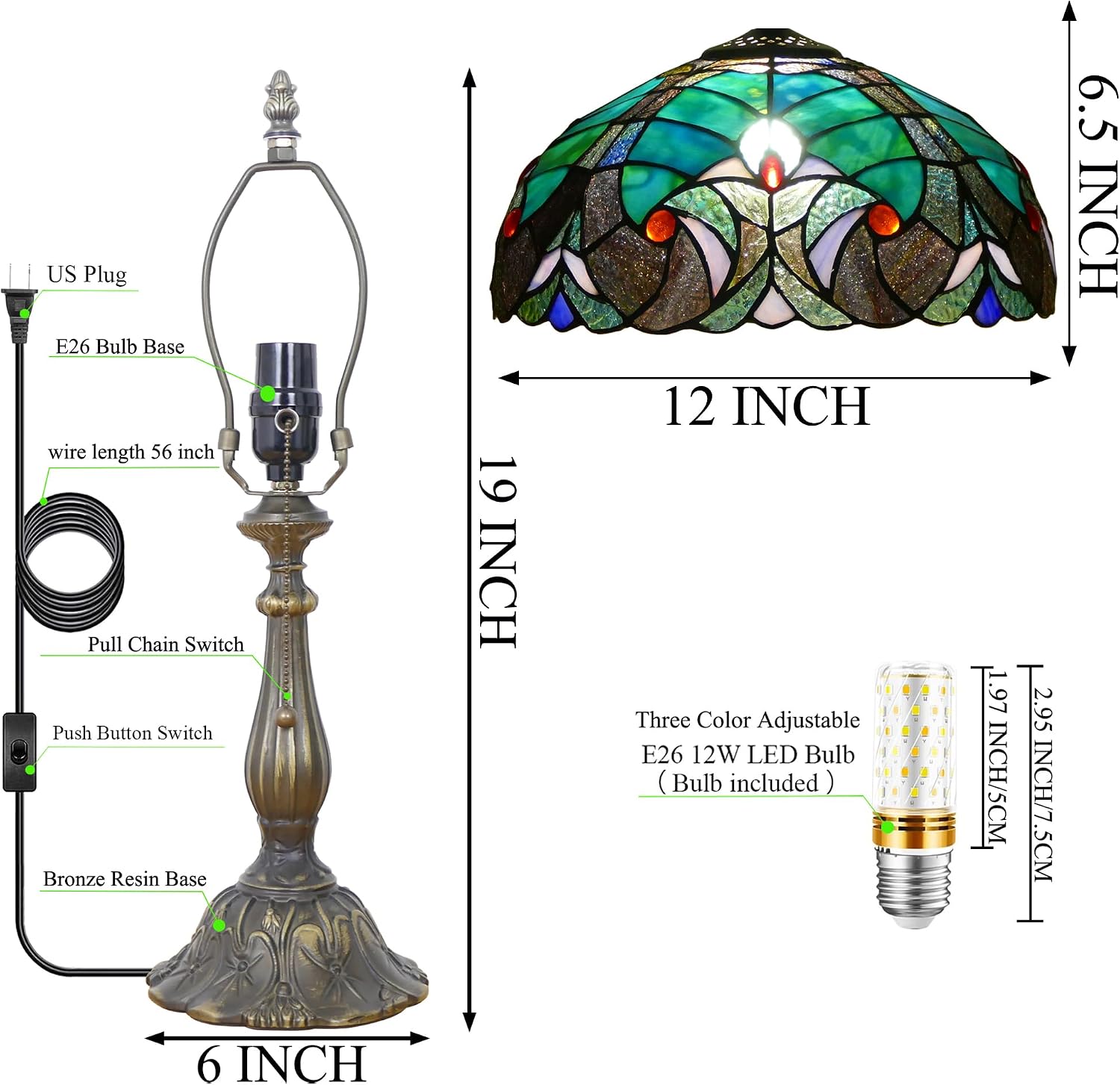 Tiffany Lamp Stained Glass Table Lamp Antique Bedside Reading Light W12H19 Inches (Green Liaison)