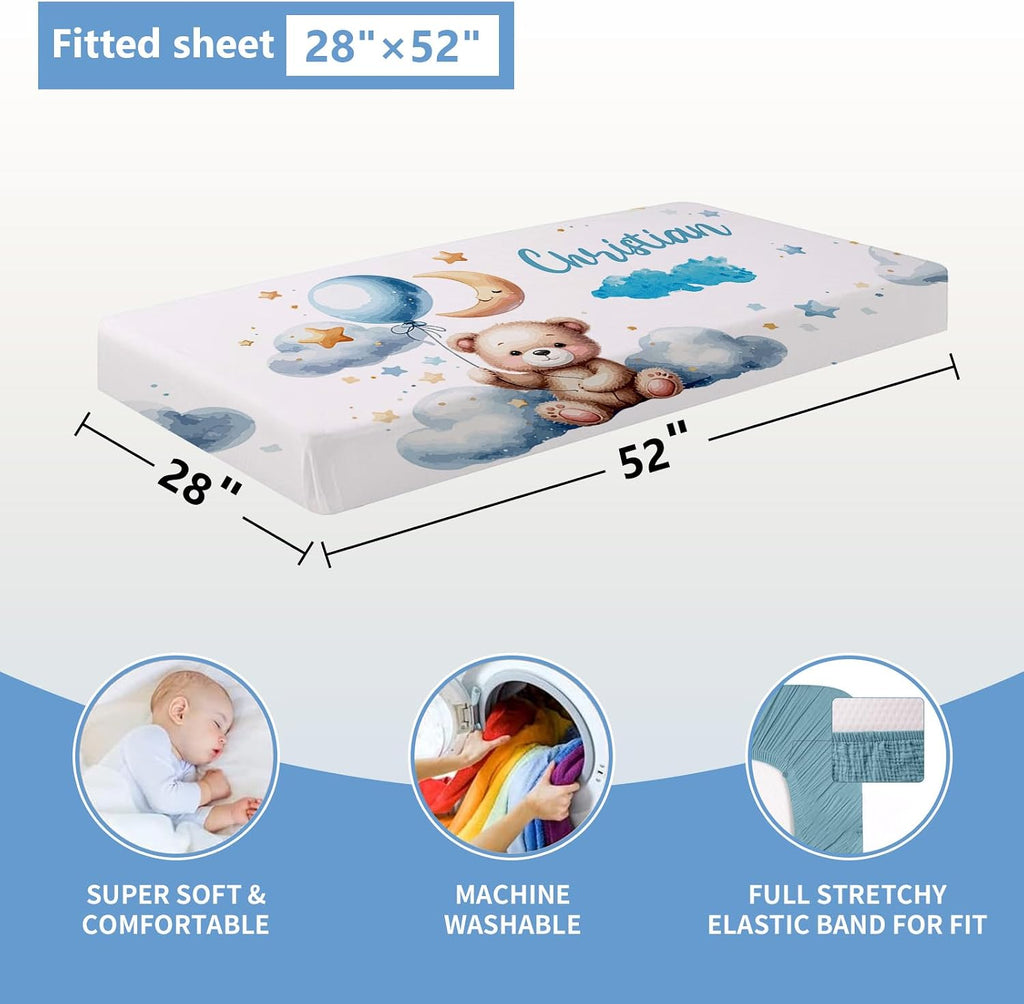 KAINSY Personalized Crib Set, 5 Pcs Custom Baby Crib Set with Name, Blue Moon Bear Baby Bedding Set for Boys Girls, Double Layer Nursery Bedding Set, Toddlers Infants New Parents Gift