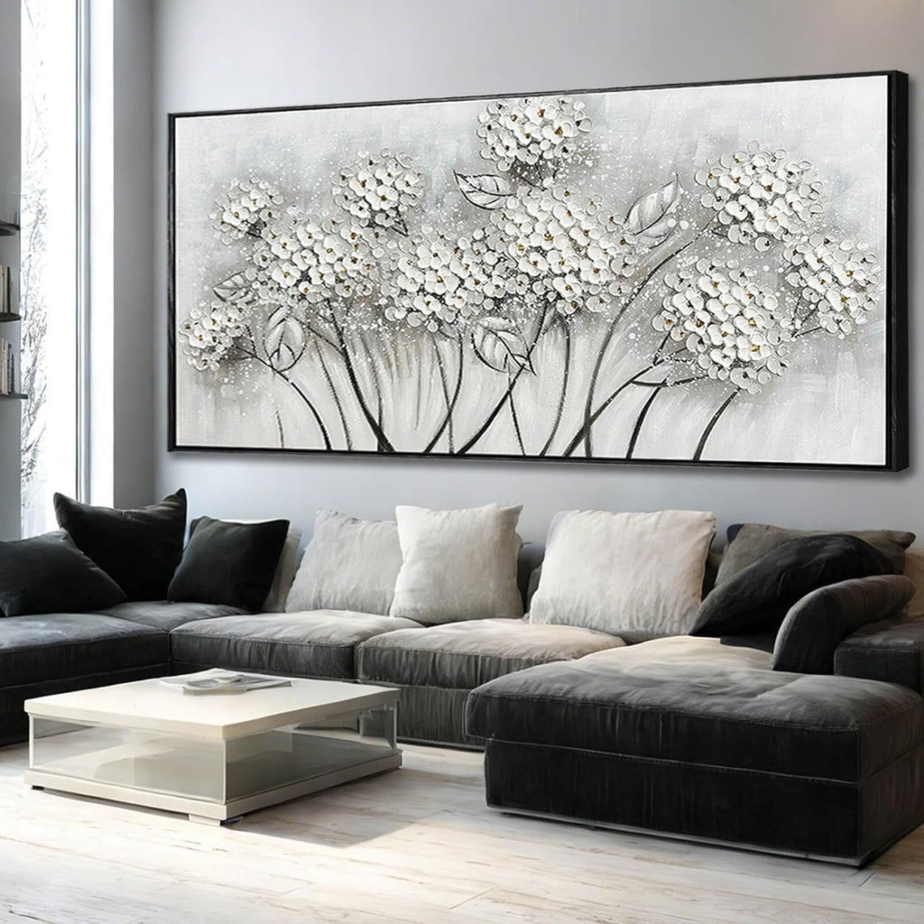 Kureful Grey and White Hand Painted Wall Art Flower Canvas Artwork Contemporary Oil Paintings 40'x86' Decorations for Bedroom Office
