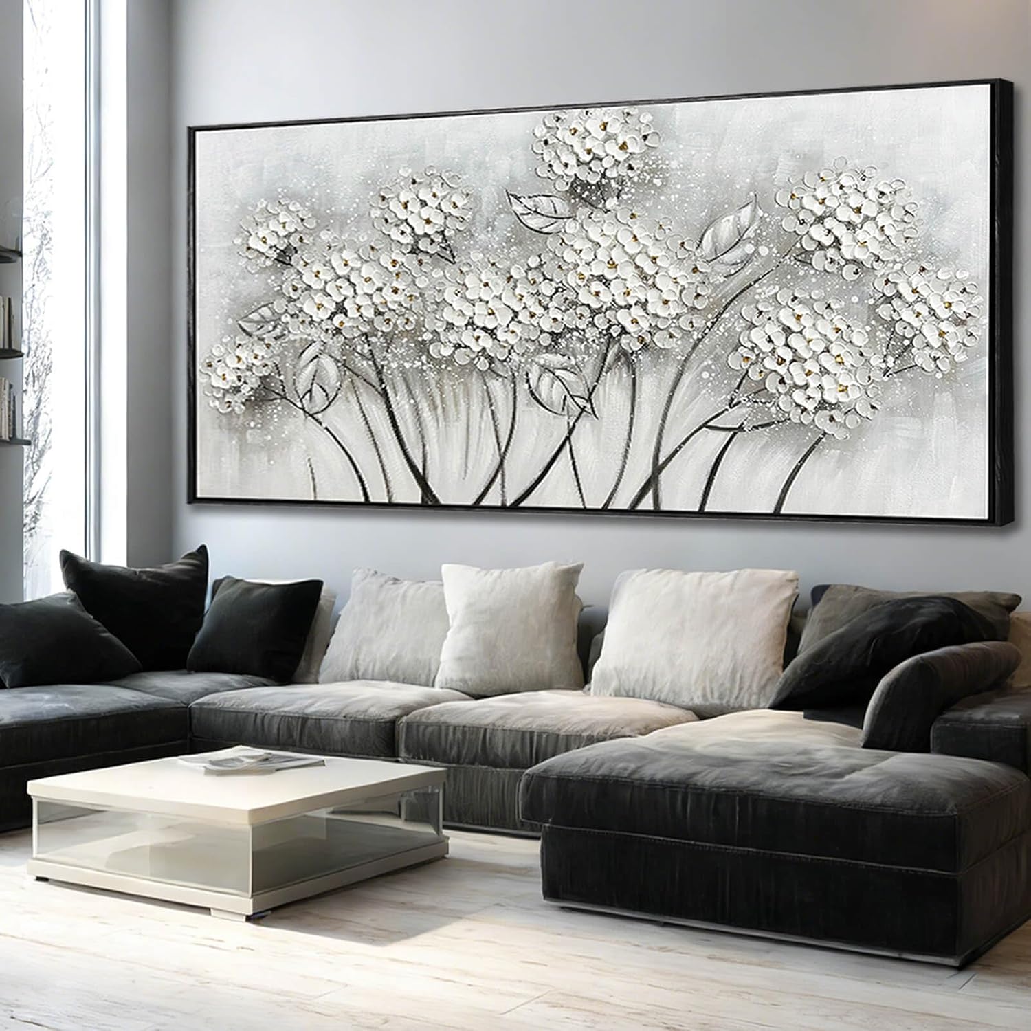 Kureful Grey and White Hand Painted Wall Art Flower Canvas Artwork Contemporary Oil Paintings 40'x86' Decorations for Bedroom Office