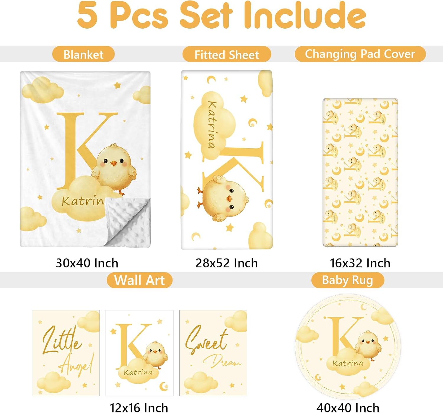 Terwex Personalized Crib Bedding Set, 5 Pcs Custom Nursery Bedding Sets with Name, Infant Bedding Set for Baby Girl Boy, Yellow Chick Double Layer Baby Crib Set, Toddlers Babies Kids Customized Gifts
