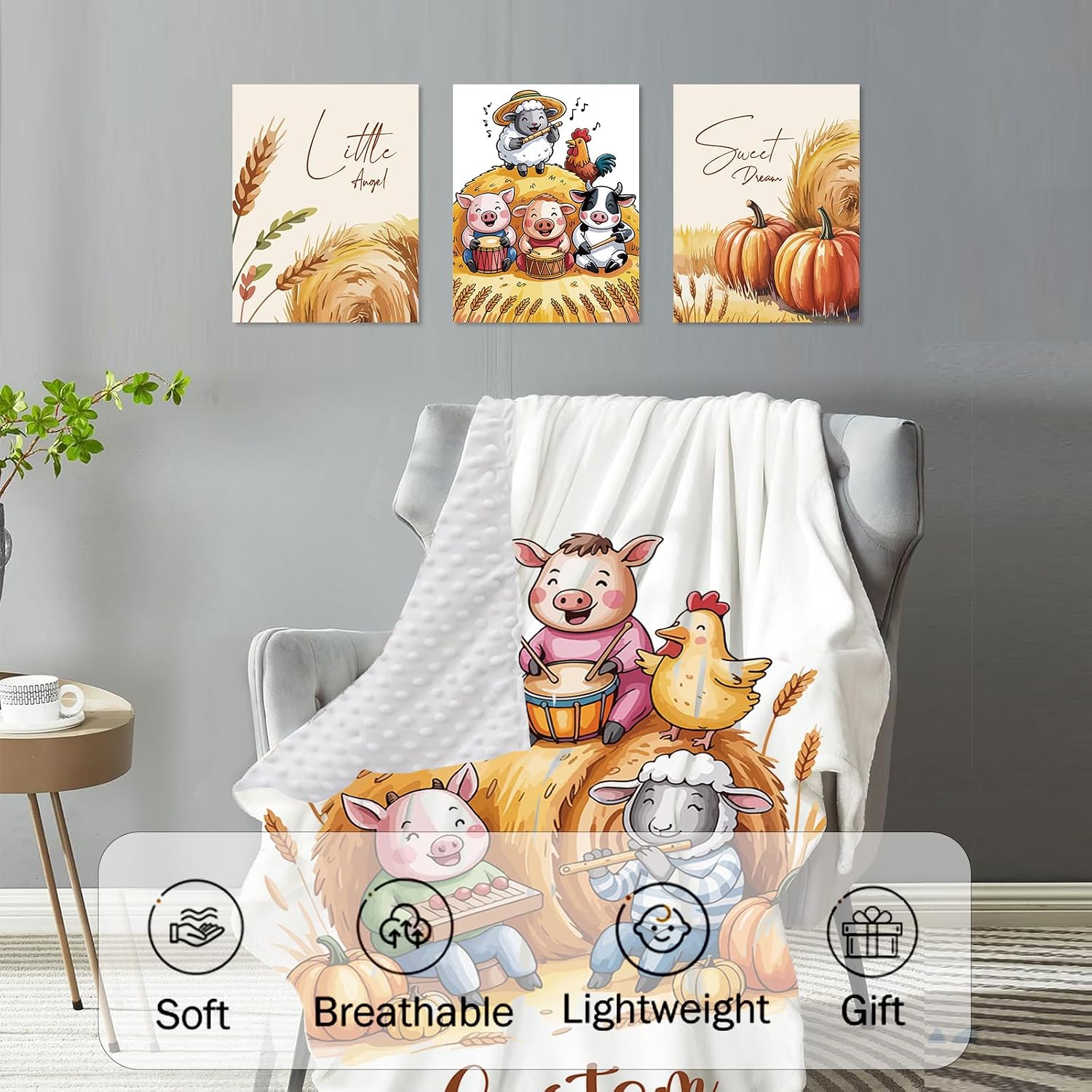 Personalized Crib Bedding Set for Baby Boys Girls, Farm Animals Design Custom Name Baby Crib Sets 5-Pcs, Double Layer Baby Blanket Fitted Sheet Changing Pad Cover Rug Wall Art Set