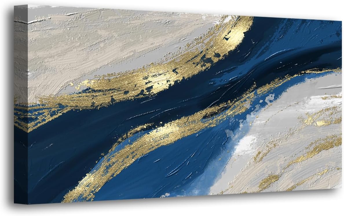 Abstract Canvas Wall Art for Living room Office Bedroom Golden Blue Wall Art Print Oil Paintings Modern Abstract River Texture Pictures Wall Decor Artwork Waterproof Ready to Hang - 28in * 57inch