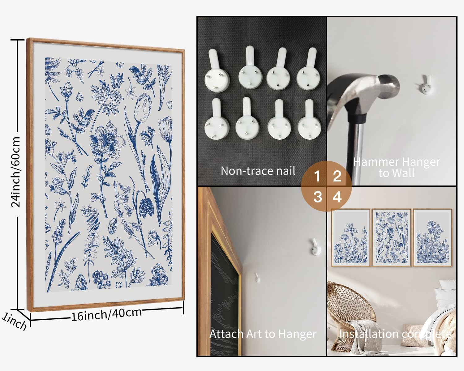 SIGNINART Classic Chinoiserie Framed Canvas Wall Art Set, Blue and White Floral Art Painting, Minimalist Botanical Flower Artwork, Navy Blue Wall Decor for Bedroom, Living Room, Office 24'x36'x3