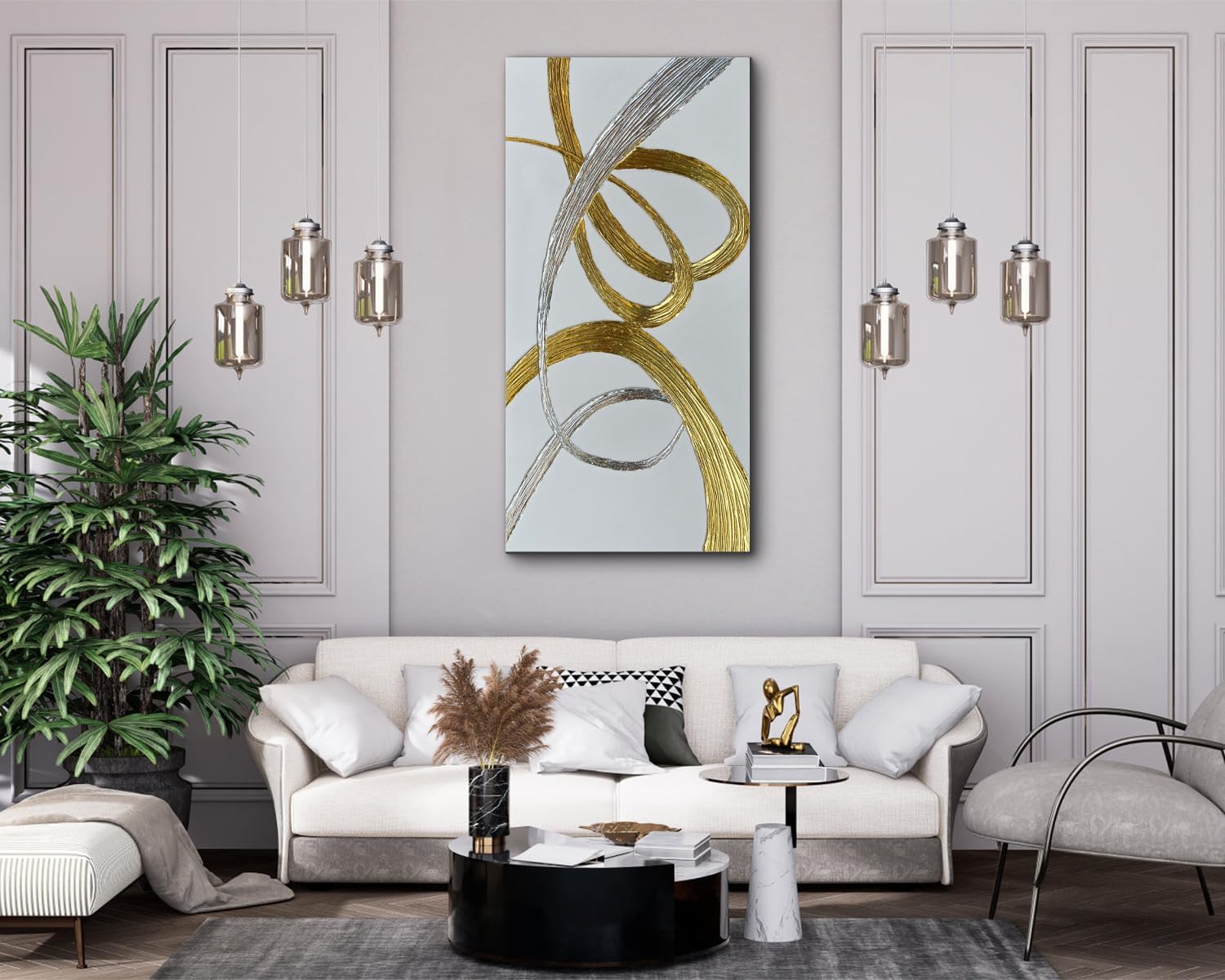 Creespi Hand-Painted Gold And Silver Foil Textured Wall Art,Abstract Oil Painting On Canvas 24x48 inch,Contemporary Minimalist Art Painting for Home Wall Décor