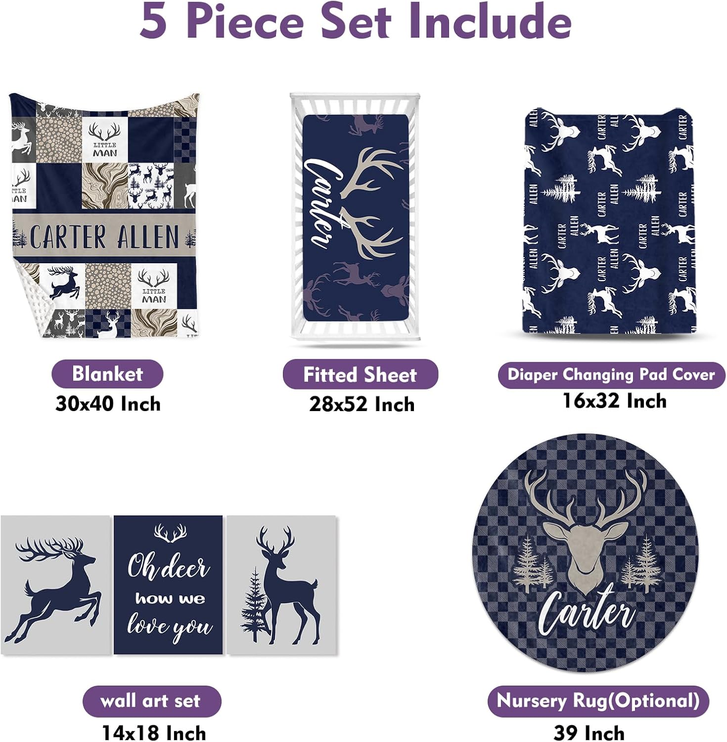 Personalized Baby Crib Bedding Set, 5-Piece Navy Deer Design Baby Crib Sets with Custom Name, Toddler Double Layer Blanket Fitted Sheets Changing Pad Cover Rug Wall Art Set, Charming Nursery Decor