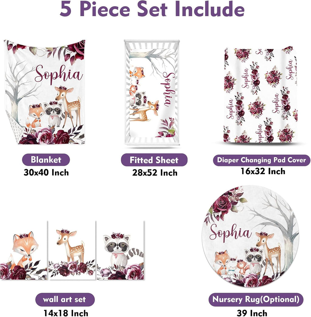 Personalized Baby Crib Bedding Set for Baby Girls, Rose Animal Pattern Custom Name 5-Pcs, Toddler Double Layer Blanket Fitted Sheets Changing Pad Cover Rug Wall Art Set