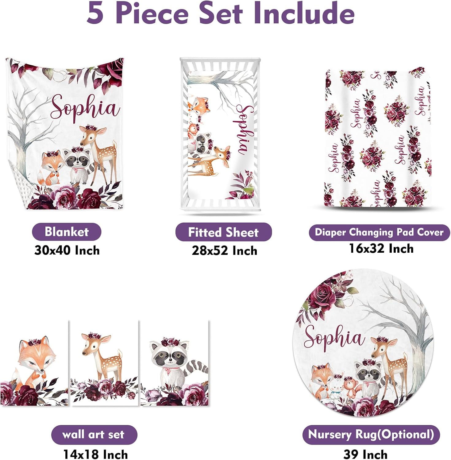 Personalized Baby Crib Bedding Set for Baby Girls, Rose Animal Pattern Custom Name 5-Pcs, Toddler Double Layer Blanket Fitted Sheets Changing Pad Cover Rug Wall Art Set