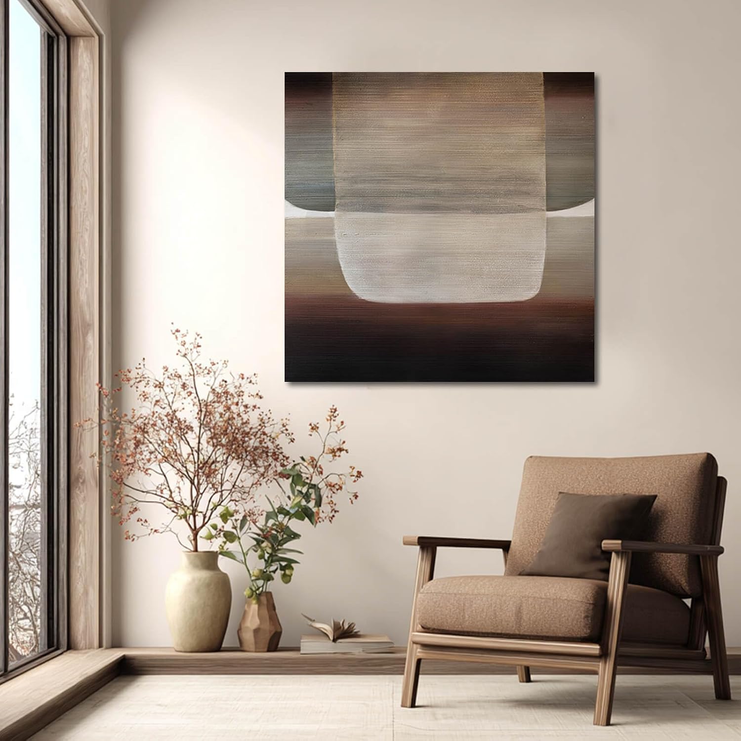 SHEYOYE Neutral Abstract Textured Wall Art Oil Painting on Canvas, Modern Minimalist Wall Decor for Living Room, Bedroom & Office, 40x40 in
