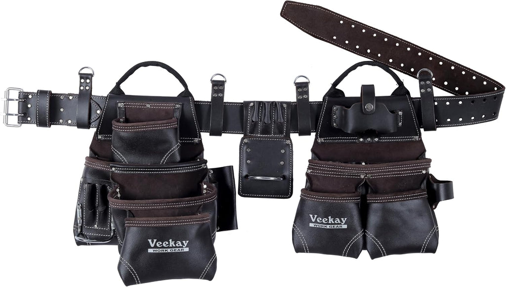 VEEKAY Men's Leather work Belt Oil Tanned Heavy Duty 3 Inch Wide Tool Belt with Rig 22 Pocket Tool pouch bag Brown for Carpenter, Construction, Framers, Handyman, Electrician Fits for 30' to 56' Waist