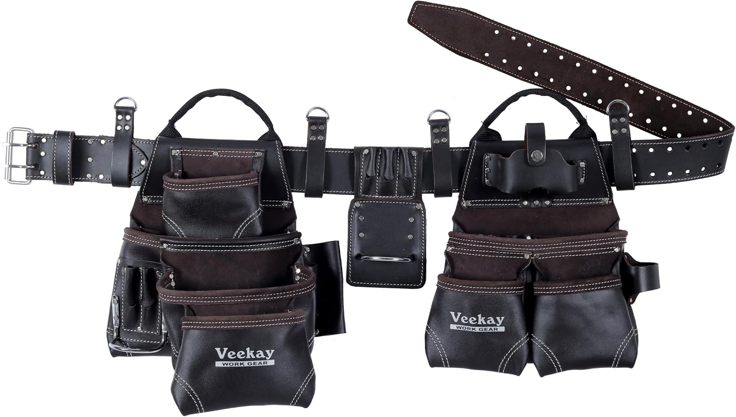 VEEKAY Men's Leather work Belt Oil Tanned Heavy Duty 3 Inch Wide Tool Belt with Rig 22 Pocket Tool pouch bag Brown for Carpenter, Construction, Framers, Handyman, Electrician Fits for 30' to 56' Waist