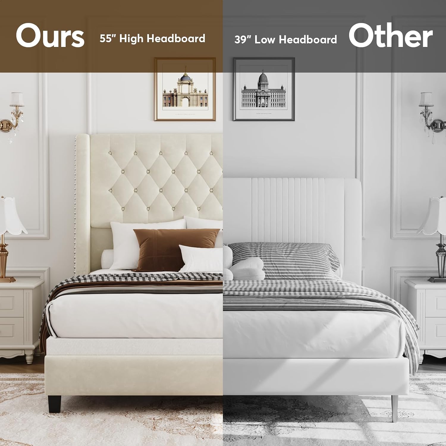 Queen Bed Frame with 55' Tall Headboard, Upholstered Bed Frames, Soft Fabric, Button Tufted Headboard with Windback, Platform Bed, Noise-Free, No Box Spring Needed, Beige