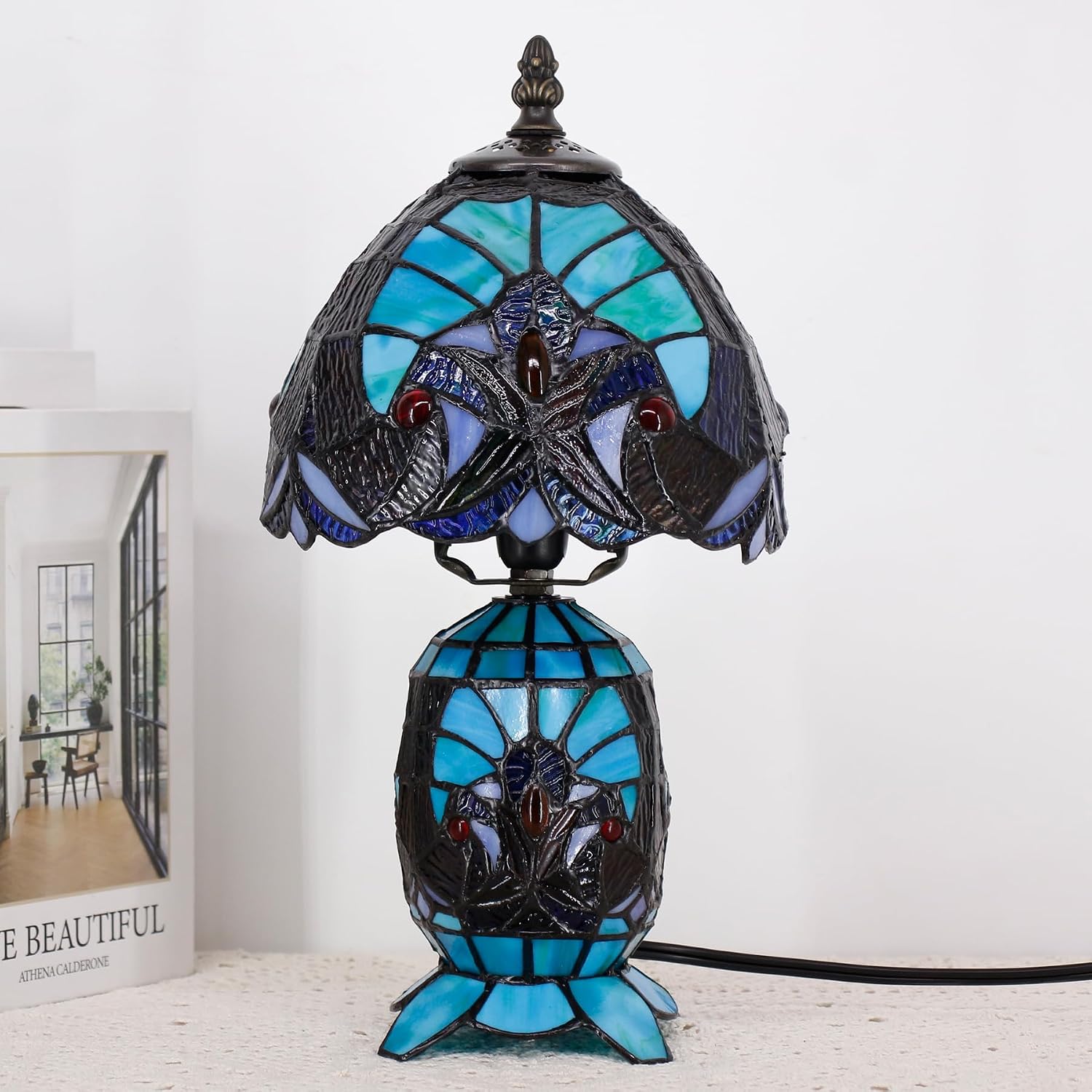 Small Tiffany Lamp Stained Glass Table Lamp Mini Mother Daughter Vase Desk Accent Light for Bedroom Bedside Reading Home Antique Style Decor 8X14 Inches (Green)