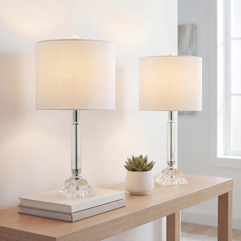 JONATHAN Y 19.5' Clear Crystal Table Lamp Set of 2 for Bedroom, Modern Glam Chrome and Glass Column Nightstand Lamps for Living Room, White Linen Shade, LED Bulbs Included JYL2078A-SET2
