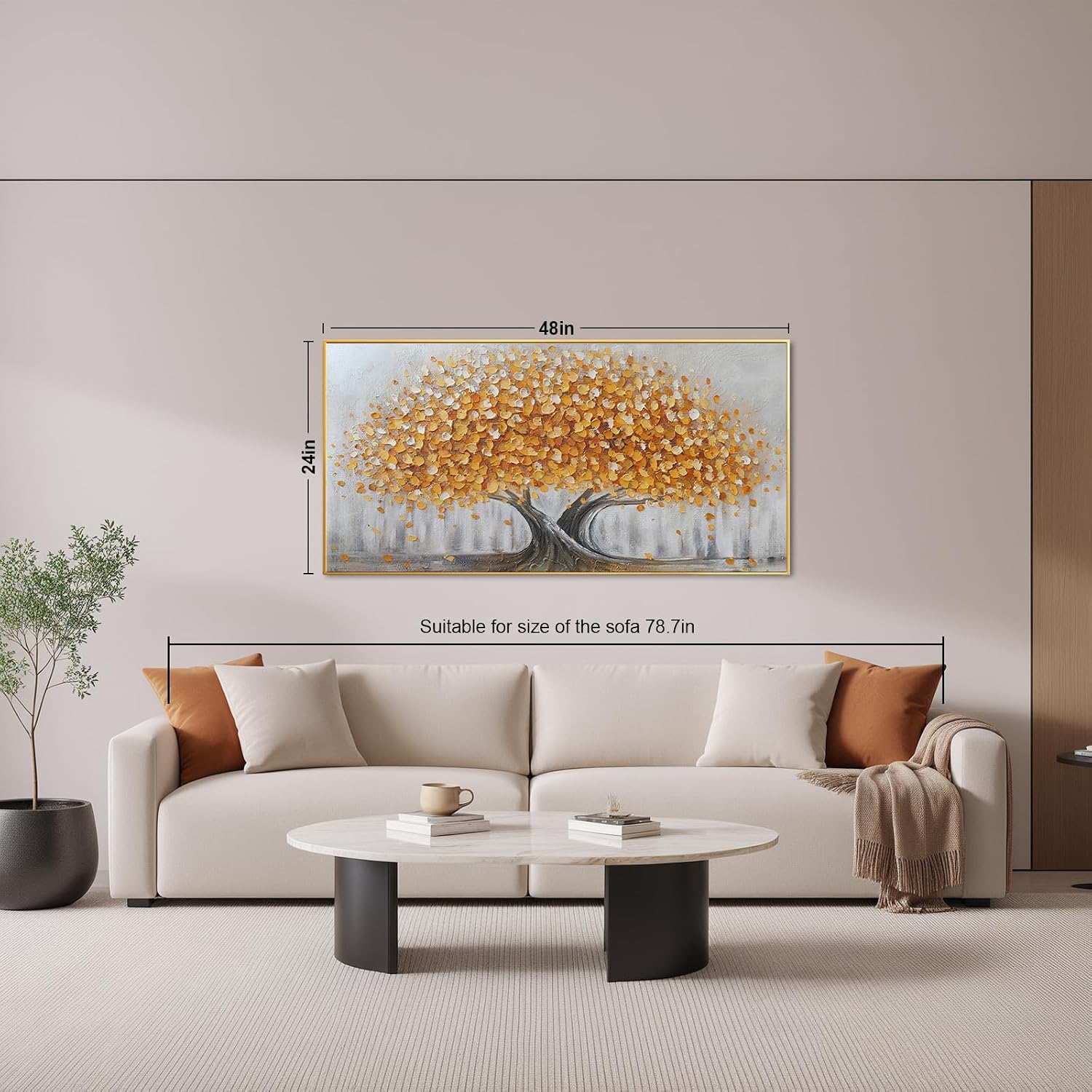 Gold Tree of Life Canvas Wall Art, Modern Abstract Textured Painting, Large Framed Panoramic Landscape Artwork for Living Room, Bedroom, Office, Home Decor 48'x24'