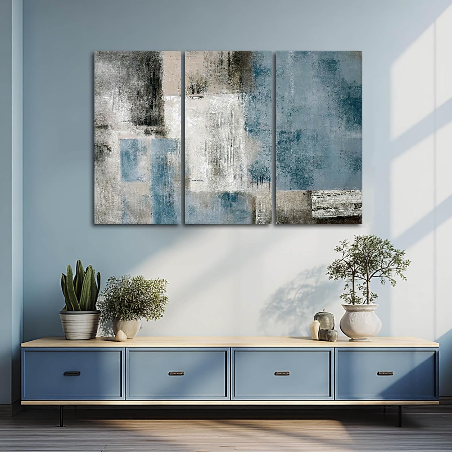 SDYA Blue Abstract Wall Art Set Of 3 Canvas,20x40 Inch Modern Blue Grey Minimalist Painting, Contemporary Wall Decor for Living Room Bedroom Office