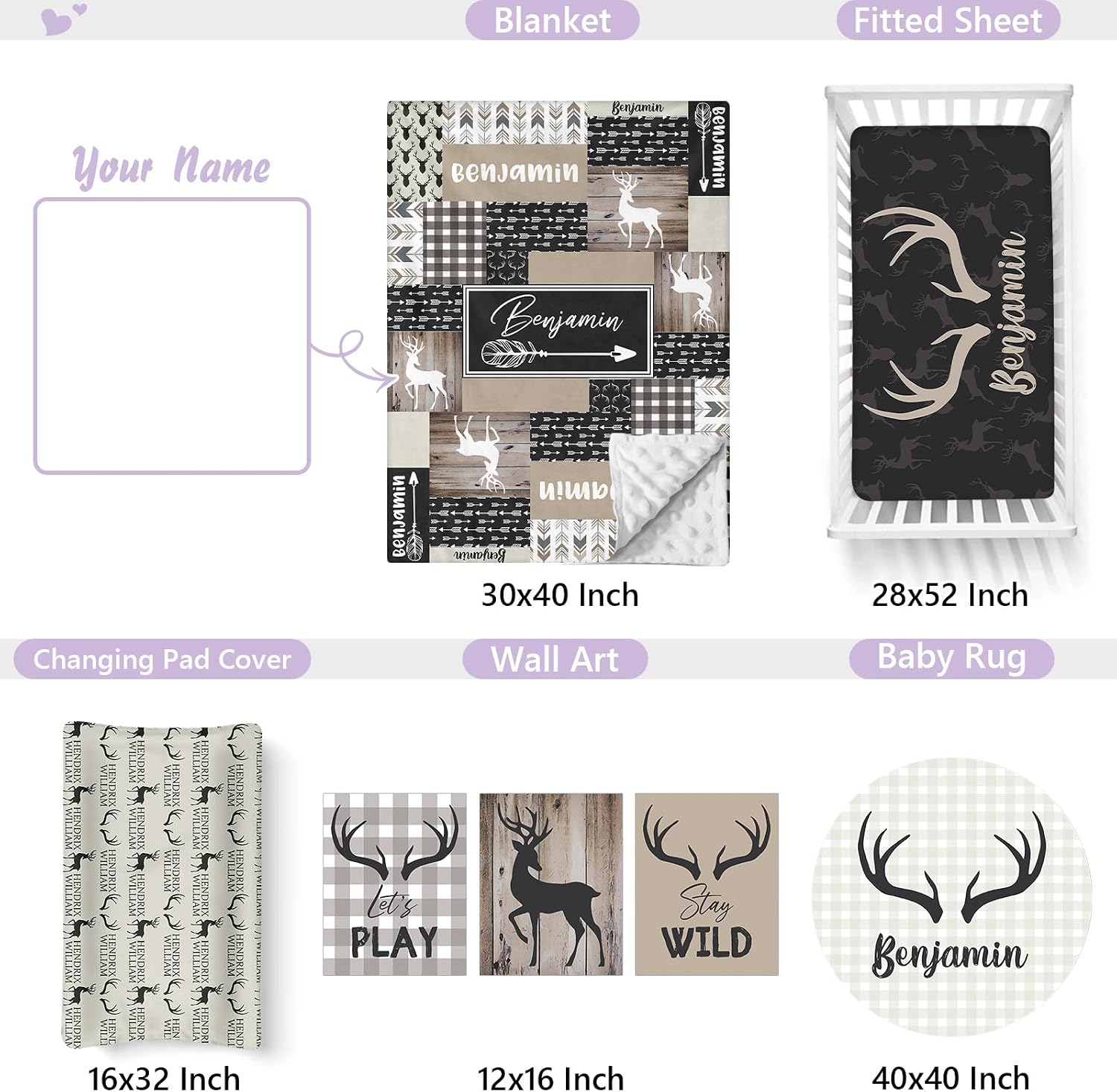 Personalized Baby Crib Bedding Set, 5 Pcs Custom Name Nursery Bedding Set for Girls Boys, Woodland Deer Baby Crib Set for Toddlers Infants, Double Layer Bedding Crib Sets Customized Gifts