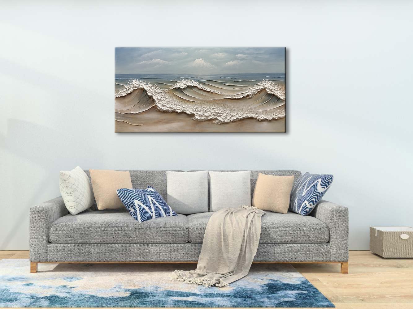 zoinart Blue Ocean Wave Oil Painting on Canvas Impasto Textured Painting Serene Canvas Wall Art Living Room Wall Decor Contemporary Art 24' x 48'