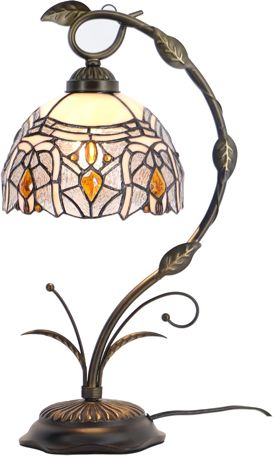 Tiffany Lamp Stained Glass Table Lamp Metal Leaf Base 8X10X19 Inch Reading Desk Light (Crystal Style)