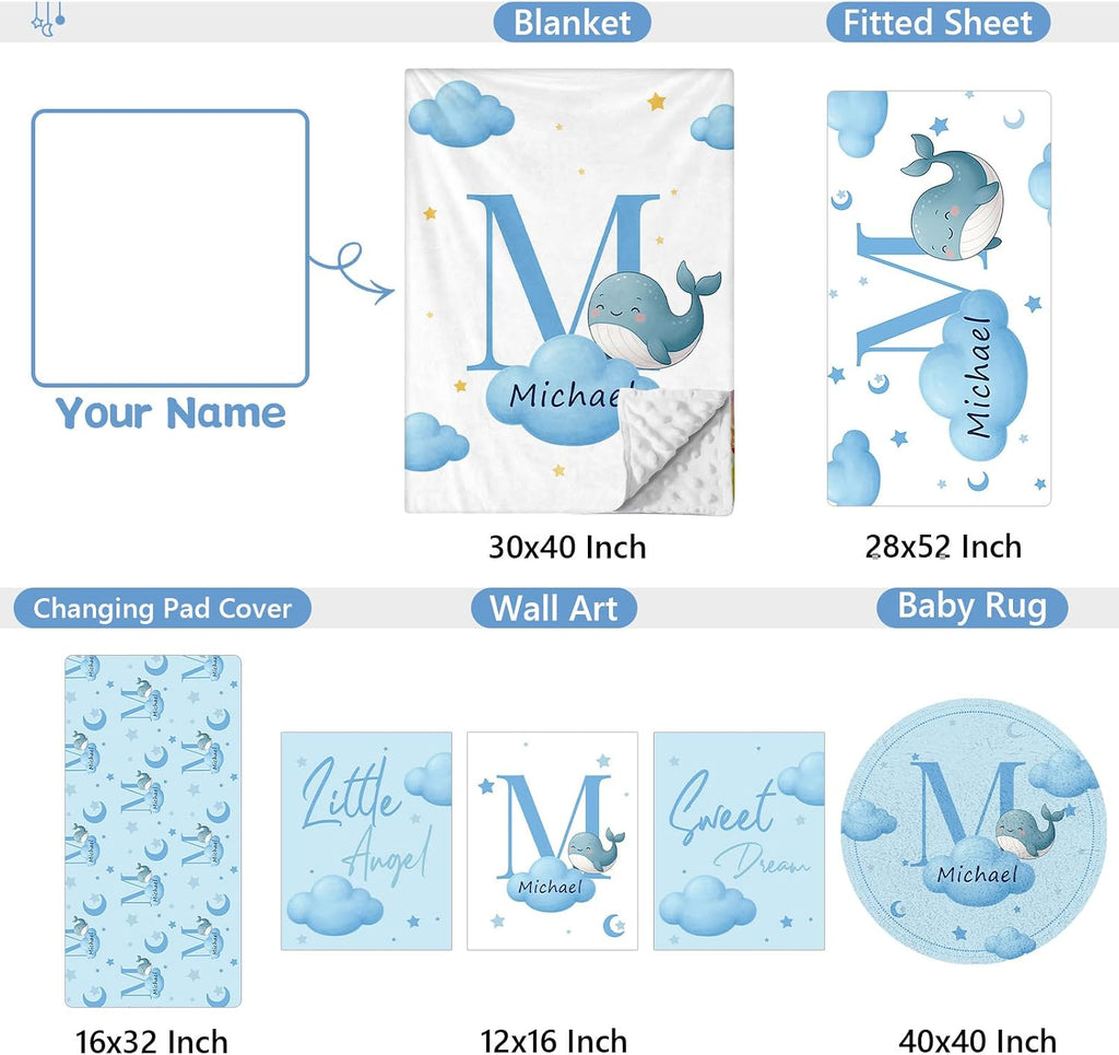 KAINSY Custom Crib Bedding Set, 5 Pcs Personalized Name Monogram Baby Crib Sets for Infants Toddlers, Blue Whale Nursery Bedding Set for Boys Girls, Double Layer Baby Bedding Sets Customized Gifts