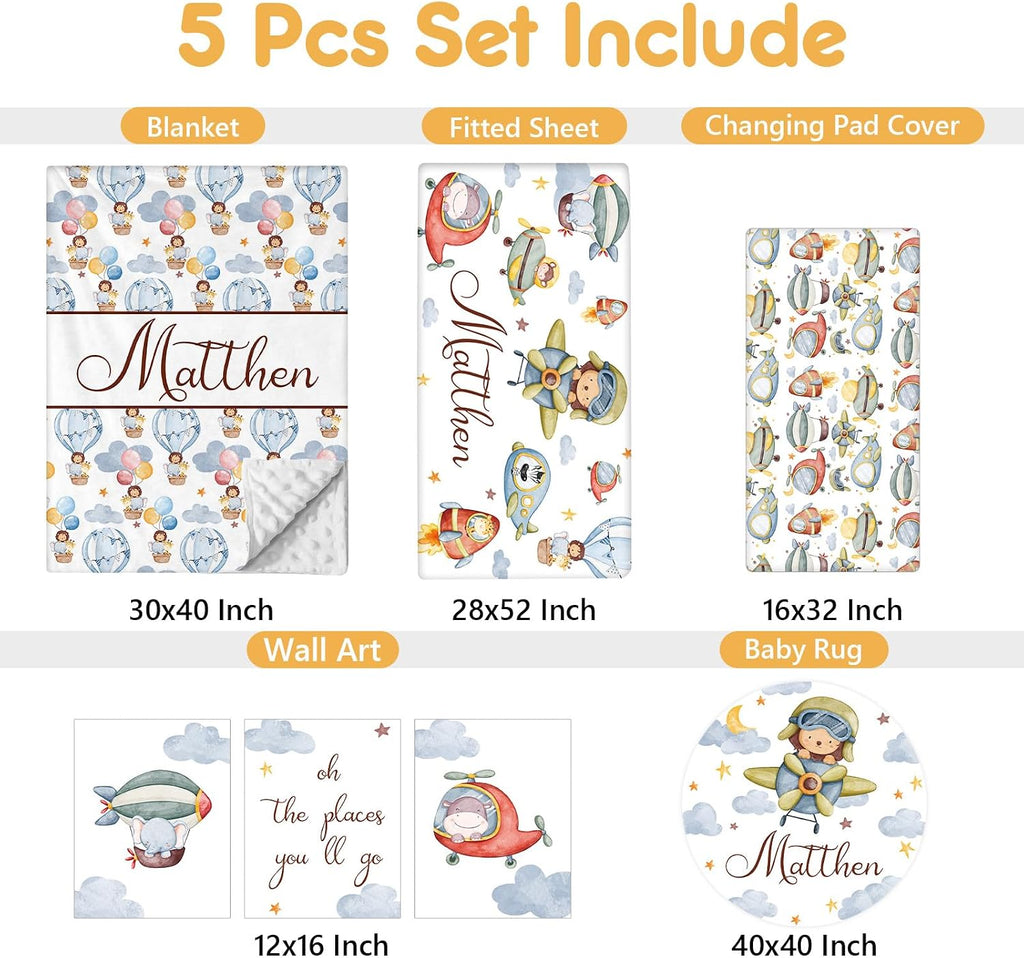 Terwex Personalized Crib Bedding Set, 5 Pcs Custom Name Nursery Bedding Set with Double Layer Flannel Blanket, Pilot Animals Baby Crib Set for Boys Girls, Customized Gifts for Toddlers Infants Babies