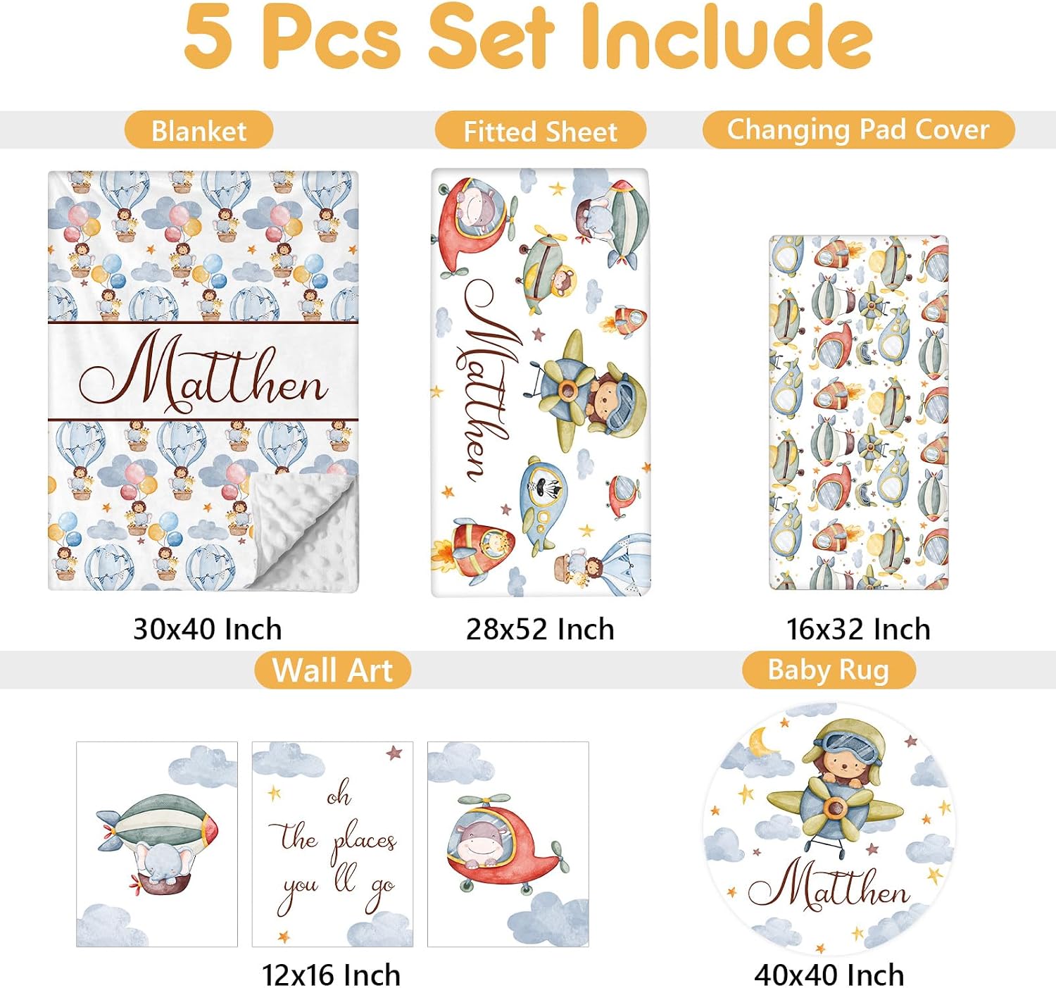 Terwex Personalized Crib Bedding Set, 5 Pcs Custom Name Nursery Bedding Set with Double Layer Flannel Blanket, Pilot Animals Baby Crib Set for Boys Girls, Customized Gifts for Toddlers Infants Babies