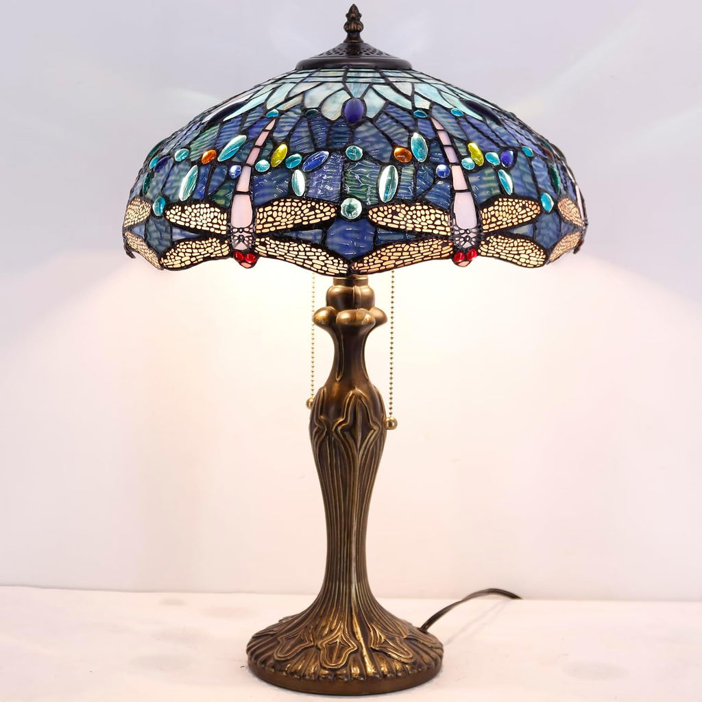 WERFACTORY Tiffany Lamp Blue Stained Glass Dragonfly Style Bedside Table Lamp 16X16X24 Inch Desk Reading Light Metal Base Decor Bedroom Living Room Home Office S631 Series