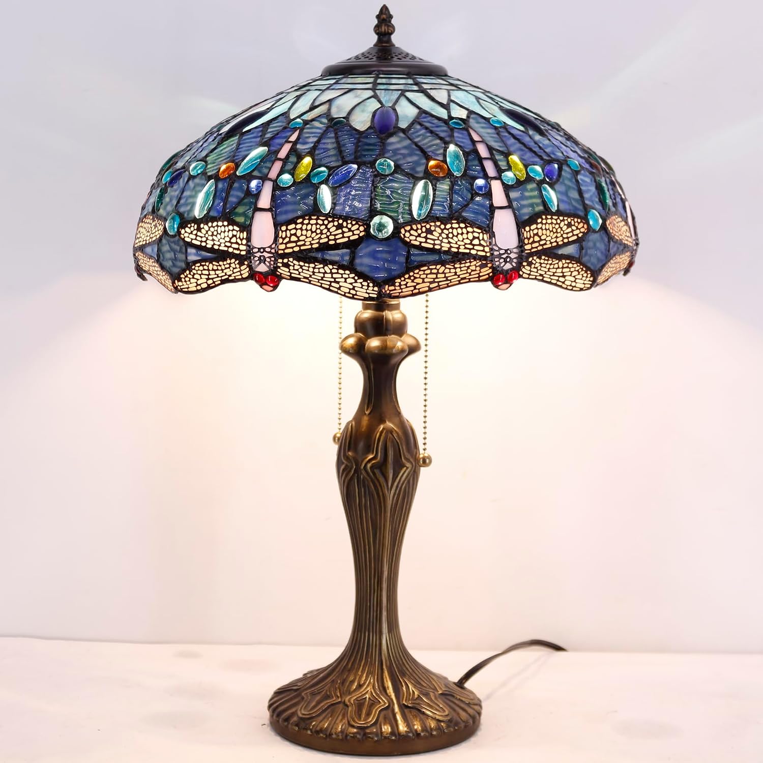WERFACTORY Tiffany Lamp Blue Stained Glass Dragonfly Style Bedside Table Lamp 16X16X24 Inch Desk Reading Light Metal Base Decor Bedroom Living Room Home Office S631 Series
