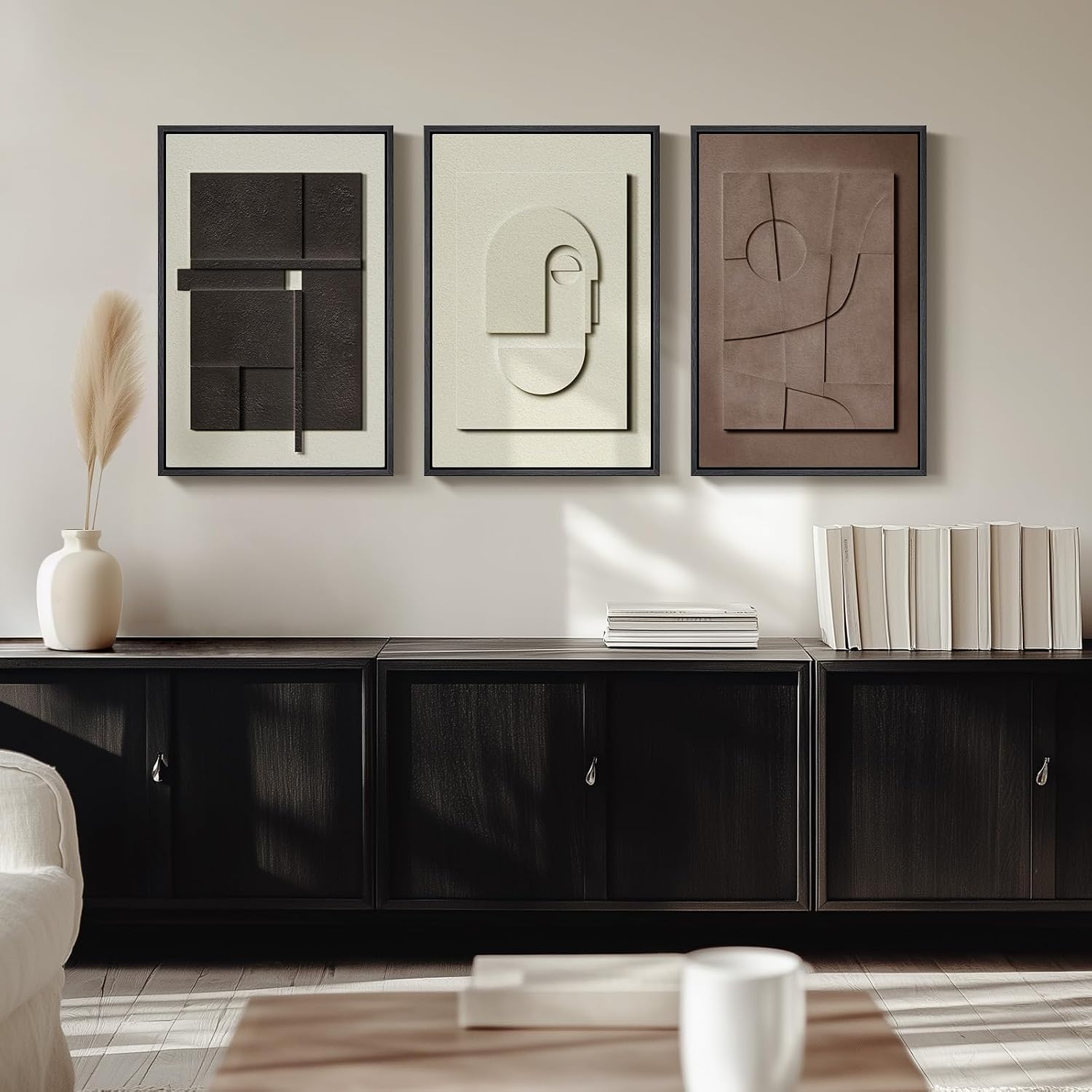 3D Textured Framed Abstract Wall Art, 3 Piece Modern Paintings Artwork for Walls, Black White Brown Geometric Sandstone Texture Pictures for Living Room Dining Room Bedroom Office Wall Decor 16x24 In